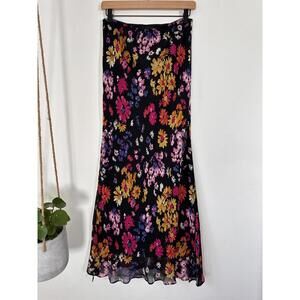 Express Silk Floral Midi Skirt M Black Pink Bias Cut Y2K Slip Date Night